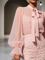 Women Pink Lace Bow Crew Neck Long Sleeve Bell Sleeve Dressy Top With Skirt Two-Piece Set