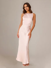 Blushing Pink Satin Sheath/Column Scoop Floor Length Bridesmaid Dresses