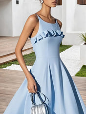 Light Blue Peplum Classic Spaghetti Gallus A-Line Midi Dress