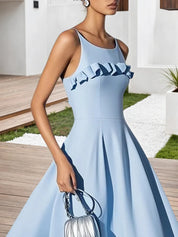 Light Blue Peplum Classic Spaghetti Gallus A-Line Midi Dress