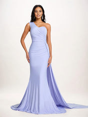 Lavender Sheath/Column One Shoulder Floor Length Sleeveless Chiffon Bridesmaid Dress