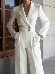 White Tweed Buckle Pocket Stitching Lapel Collar Wide-Leg Jumpsuit