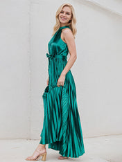 Peacock A Line Satin Halter Neck Sleeveless Floor Length Dress