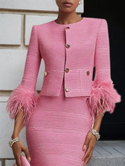 Women Tweed Rose Red Feather-trimmed Buckle Crew Neck Three Quarter Sleeve Dressy Coat With Skirt Two-Piece Set