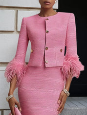 Women Tweed Rose Red Feather-trimmed Buckle Crew Neck Three Quarter Sleeve Dressy Coat With Skirt Two-Piece Set