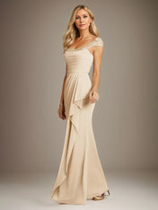 Champagne Sheath/Column Chiffon Square Neck Short Sleeves Floor Length Dress
