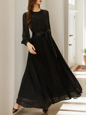 Black Pleated Mesh Chiffon Crew Neck Long Sleeve Balloon Sleeve A-Line Maxi Dress