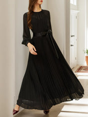 Black Pleated Mesh Chiffon Crew Neck Long Sleeve Balloon Sleeve A-Line Maxi Dress