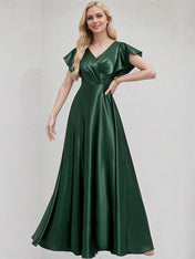 Green Satin A Line V Neck Floor Length Bridesmaid Dress With Ruffle