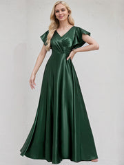 Green Satin A Line V Neck Floor Length Bridesmaid Dress With Ruffle