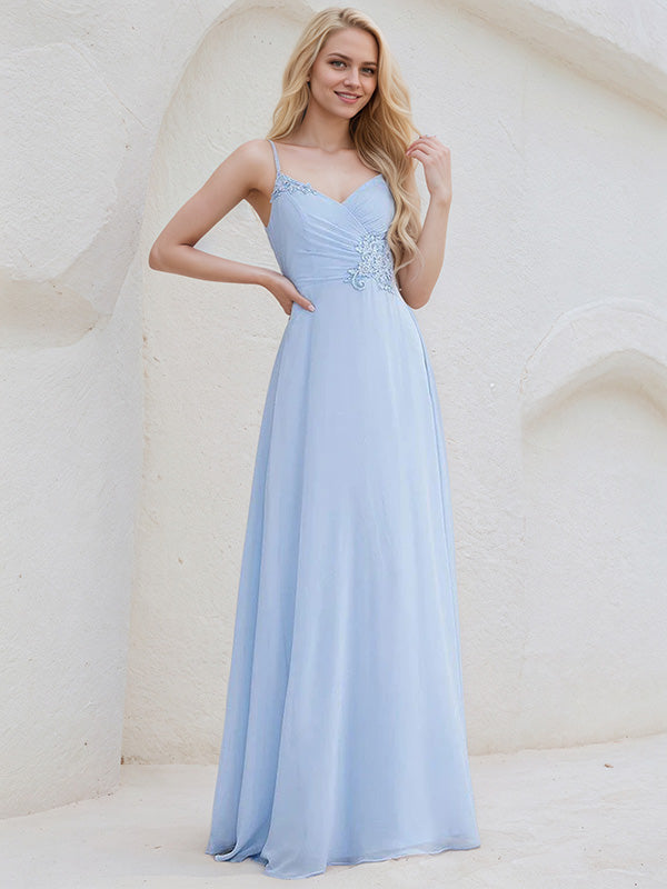 Sky Blue Chiffon A Line Spaghetti Straps Sleeveless Floor Length Bridesmaid Dress With Applique