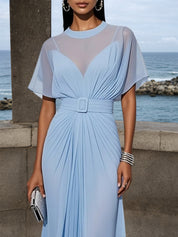 Light Blue Ruched Chiffon Crew Neck Short Sleeve A-Line Maxi Dress