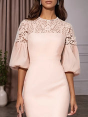 Pink Lace Classic Crew Neck Short Sleeve Balloon Sleeve Sheath Midi Dress