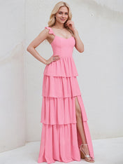 Pink Chiffon A Line V Neck Sleeveless Ruched  Floor Length Bridesmaid Dress