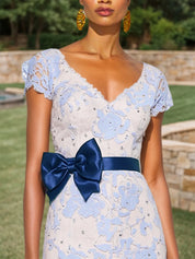 Blue Organza Bow Jacquard Hotfix Embellished Classic V Neck Short Sleeve Mermaid Midi Dress