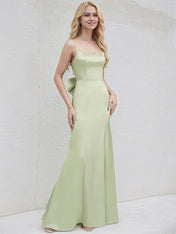 Celadon Satin Spaghetti Straps Sleeveless Floor Length Bridesmaid Dress With Bow