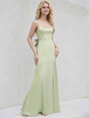 Celadon Satin Spaghetti Straps Sleeveless Floor Length Bridesmaid Dress With Bow