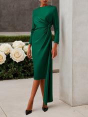 Green Satin Long Sleeve Sheath Midi Dress