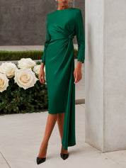Green Satin Long Sleeve Sheath Midi Dress