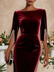 Wine Red Imitation Pearls Velvet Boat Neck Half Sleeve Sheath Midi Dress