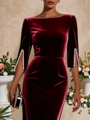 Wine Red Imitation Pearls Velvet Boat Neck Half Sleeve Sheath Midi Dress