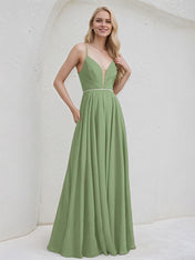 Basil A-Line V-Neck Floor-Length Chiffon Bridesmaid Dress With Beading
