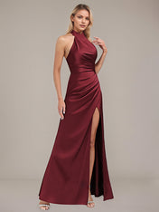 Burgundy Sheath/Column Halter Floor-Length Satin Bridesmaid Dress With Ruched