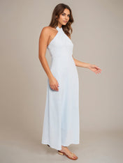 Pale Blue Sheath/Column Halter Neck Sleeveless Ankle Length Bridesmaid Dress