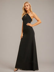 Dreamylily Women Black Stretch Crepe Sheath/Column Halter Floor-Length Chiffon Bridesmaid Dress Dreamylily Women Black Stretch Crepe Sheath/Column Halter Floor-Length Chiffon Bridesmaid Dress