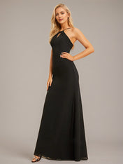 Black Stretch Crepe Sheath/Column Halter Floor-Length Chiffon Bridesmaid Dress