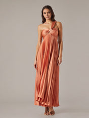 Coral Satin A Line One Shoulder Pleated Floor Length Dress