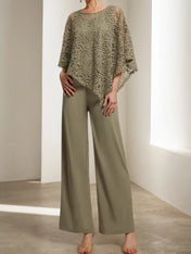 Army Green Women Lace Crew Neck Sleeve Chiffon Two-Piece Set