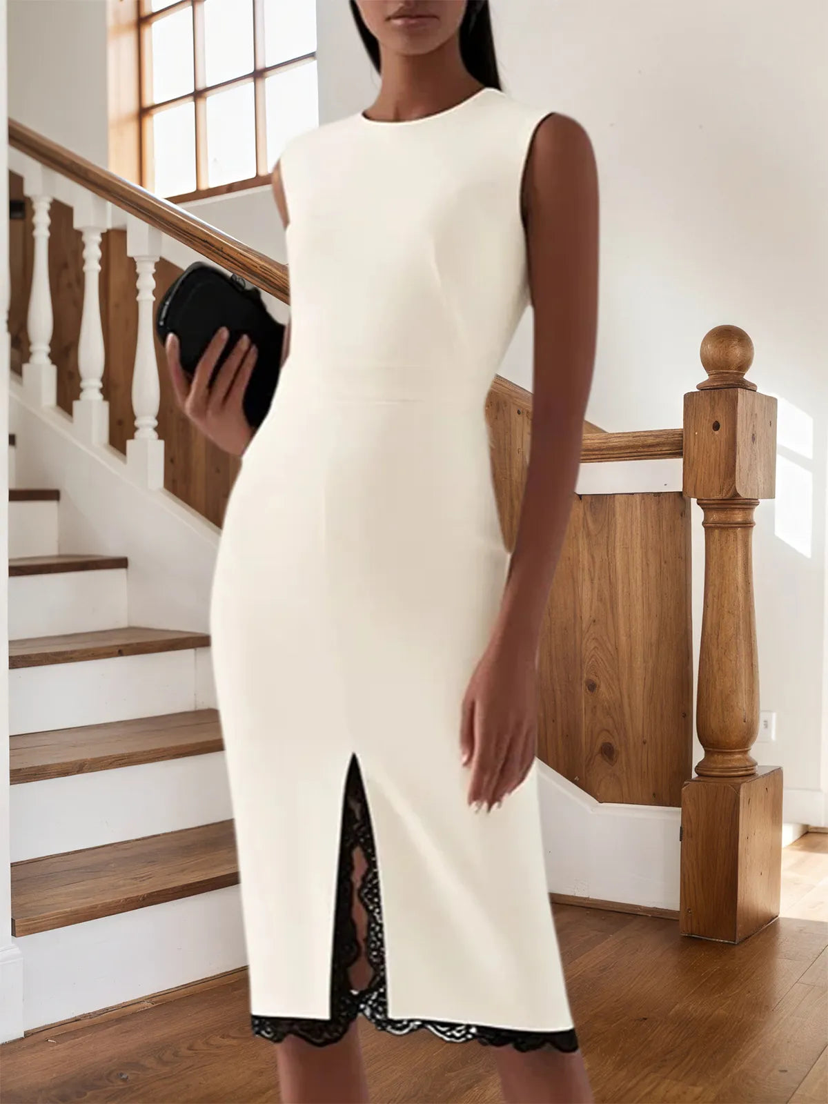 Off White Lace Edge Slit Sleeveless Sheath Midi Dress