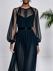 Black Mesh Ruched Chiffon Crew Neck Long Balloon Sleeve A-Line Maxi Dress