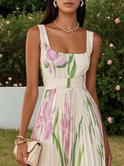 White Pleated Floral Chiffon Square Neck Sleeveless A-Line Maxi Dress