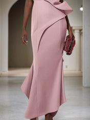 Pink Ruched One Shoulder Sleeveless Sheath Maxi Dress