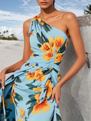 Blue Floral One Shoulder Sleeveless A-Line Midi Dress