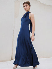 A Line Royal Blue Satin Halter Neck Sleeveless Ankle Length Pleated Dress With Bow