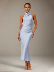 Blue Satin Sheath/Column High Neck Ankle Length Bridesmaid Dresses