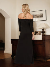Black Chiffon Off the Shoulder 3/4 Sleeves Ankle Length Mother of the Bride Dress