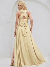 Champagne Satin A Line V Neck Short Sleeves Floor Length Bridesmaid Dress
