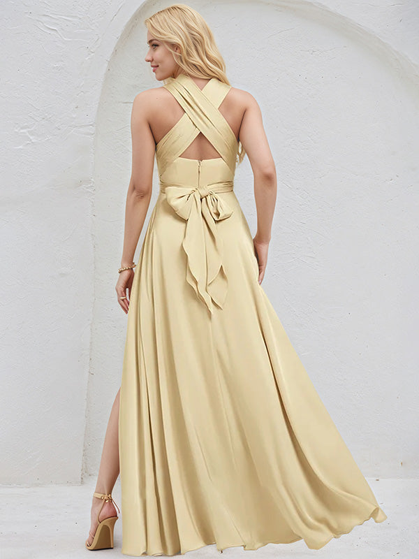 Champagne Satin A Line V Neck Short Sleeves Floor Length Bridesmaid Dress