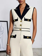 Women Off White Buckle Lapel Collar Sleeveless Dressy Jumpsuit