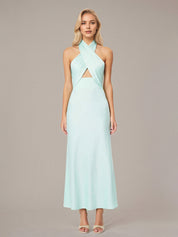 Mint Sheath/Column Satin Halter Neck Sleeveless Floor Length Dress