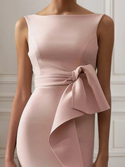 Pink Ruched Boat Neck Sleeveless Sheath Midi Dress