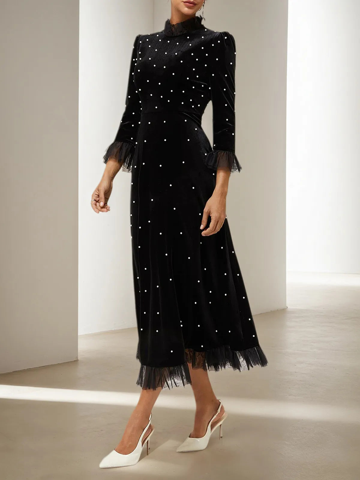 Black Beaded Ruffled Mock Neck Three Quarter Sleeve A-Line Maxi Velvet Dress