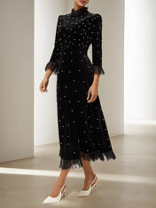 Black Beaded Ruffled Mock Neck Three Quarter Sleeve A-Line Maxi Velvet Dress