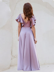 Lilac Satin A Line V Neck Ruffle Short Sleeve Floor Length Bridesmaid Dress