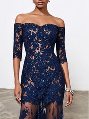 Purplish Blue Lace Sequin Off The Shoulder Half Sleeve Sheath Maxi Dress