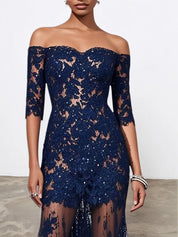 Purplish Blue Lace Sequin Off The Shoulder Half Sleeve Sheath Maxi Dress